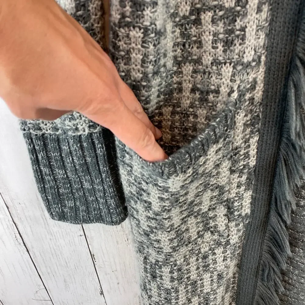 Trouve Gray Acrylic Knit Fringe Trim Long Cardigan Duster Sweater Size Large